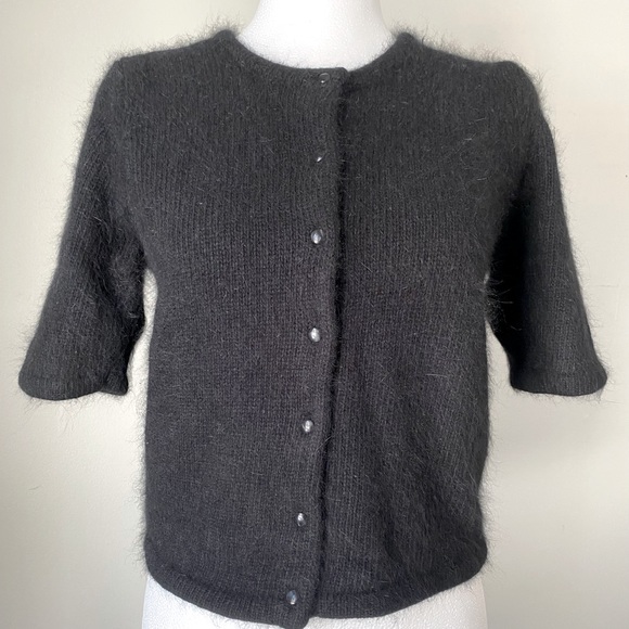 Lord & Taylor Cropped Black Lambswool Short Sleeve Cardigan - Picture 1 of 11